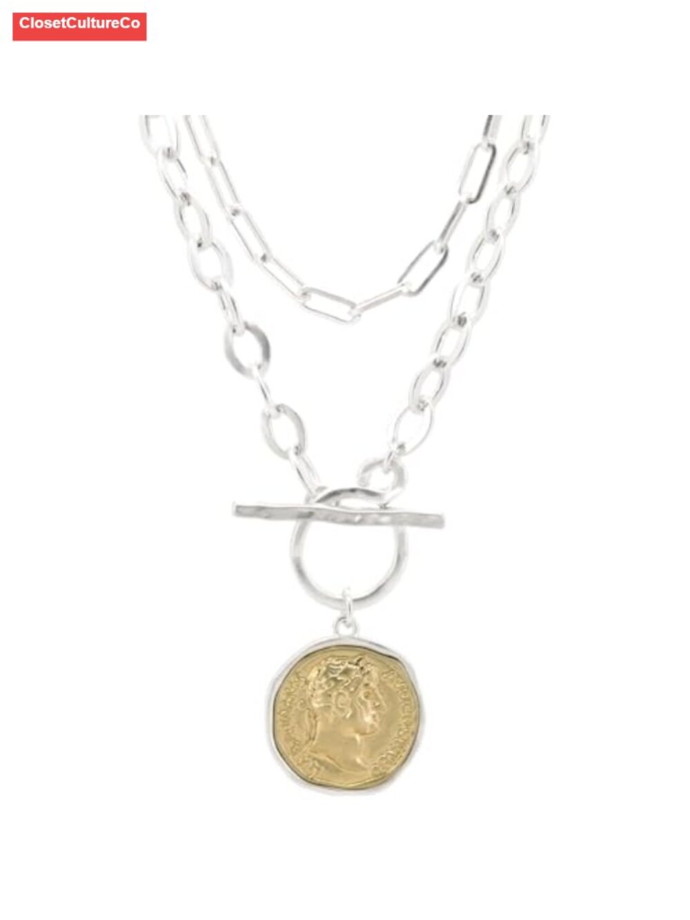 Chunky Coin Necklace 18K Gold Plated 18-Inch Toggle Chain Vintage Statement